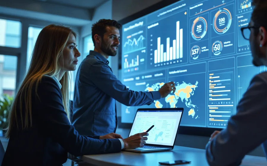Network monitoring dashboards and server infrastructure representing enterprise data architecture and operations.