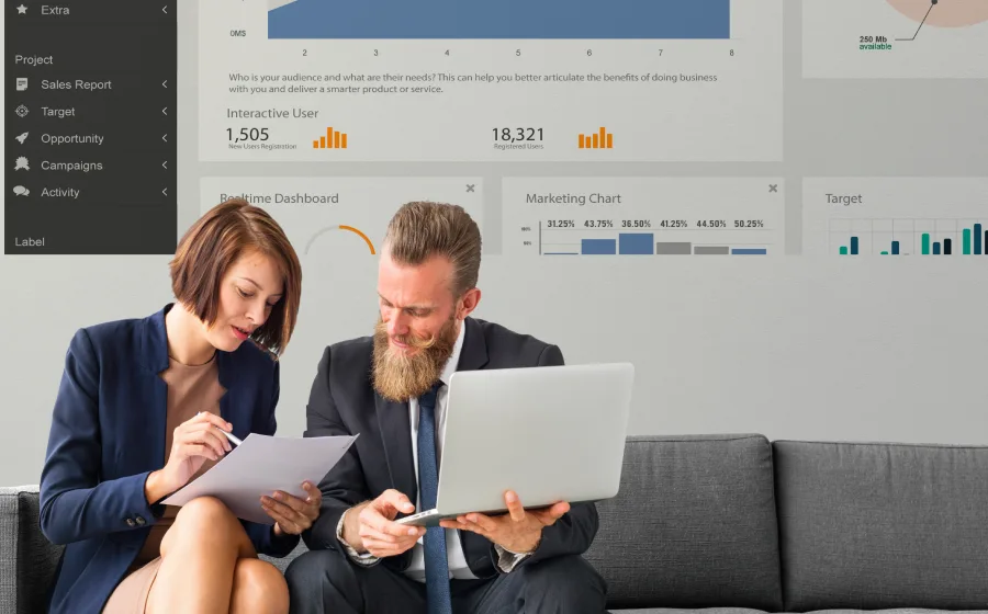 Analytics dashboard with charts and business metrics.